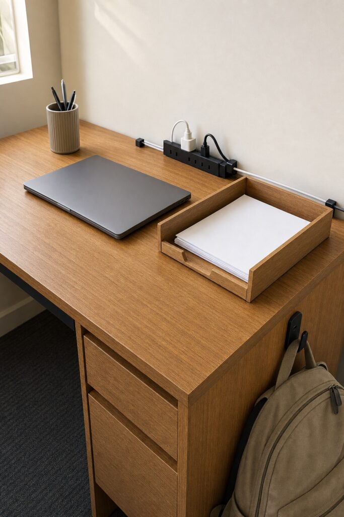 Dorm desk with a single open paper tray, a power strip clipped to the desk's back edge and a backpack hanging on a hook at the desk's side