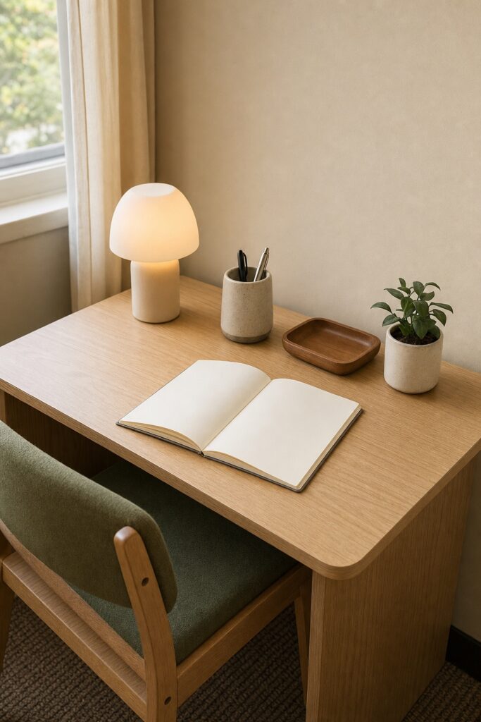 Small dorm desk styled with exactly five objects: a warm lamp, one organizer cup, a catch-all tray, a small plant and an open notebook