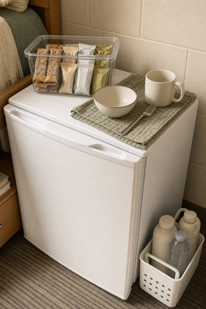 Dorm food corner with a lidded snack bin on the mini fridge, one bowl and mug drying on a towel and a shower-style caddy parked beside them