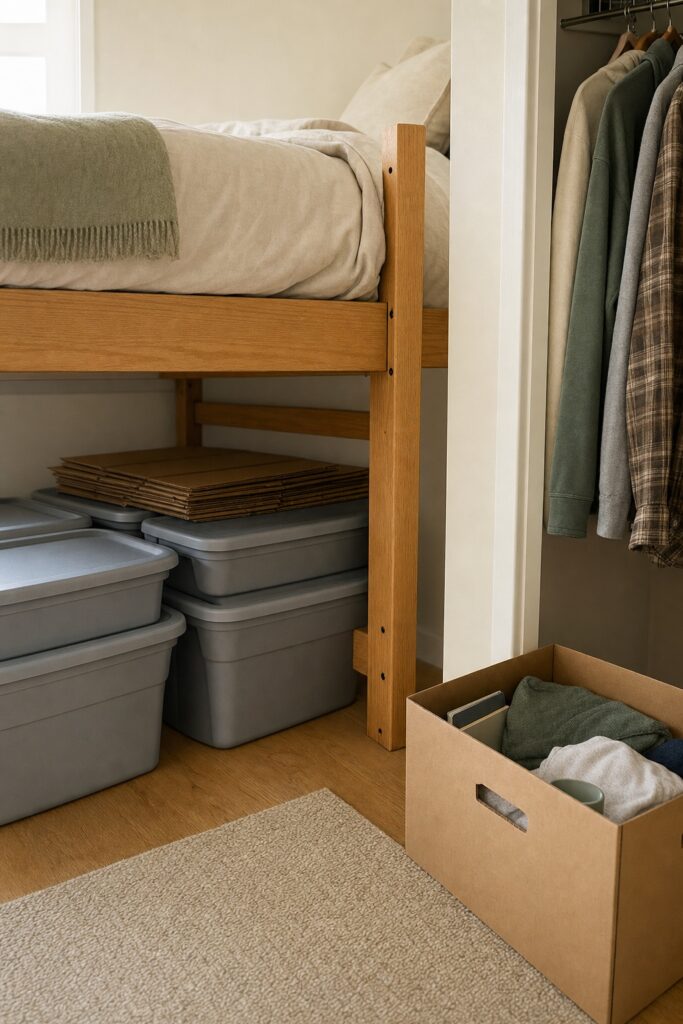 Flattened cardboard boxes stored under a dorm bed behind the bins and a purge box waiting in the closet corner