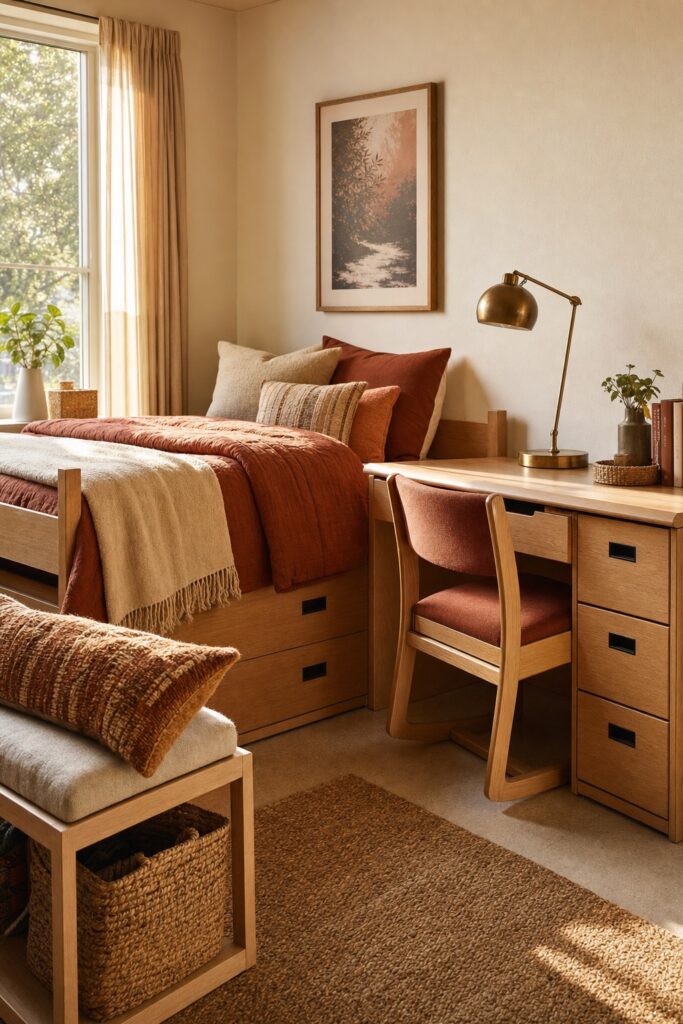 Dorm bed and desk in school oak laminate blending into a warm earthy aesthetic with rust and cream textiles
