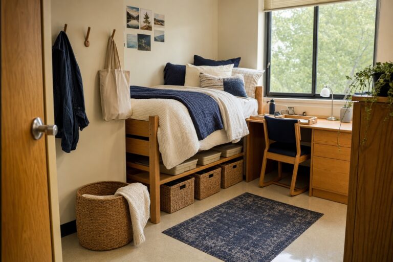 Organized dorm room with open bins under the bed, hooks by the door, a clear desk chair and an open hamper beside the bed