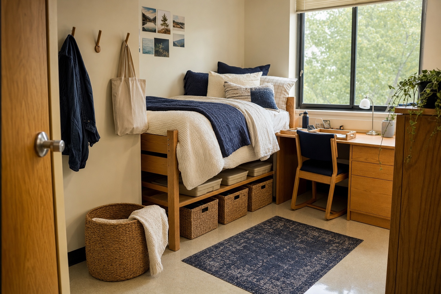 Organized dorm room with open bins under the bed, hooks by the door, a clear desk chair and an open hamper beside the bed