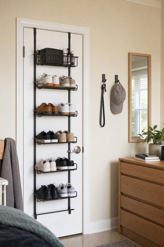 Dorm door with an over-door rack holding shoes and toiletries plus two hooks by the mirror, the walls otherwise calm