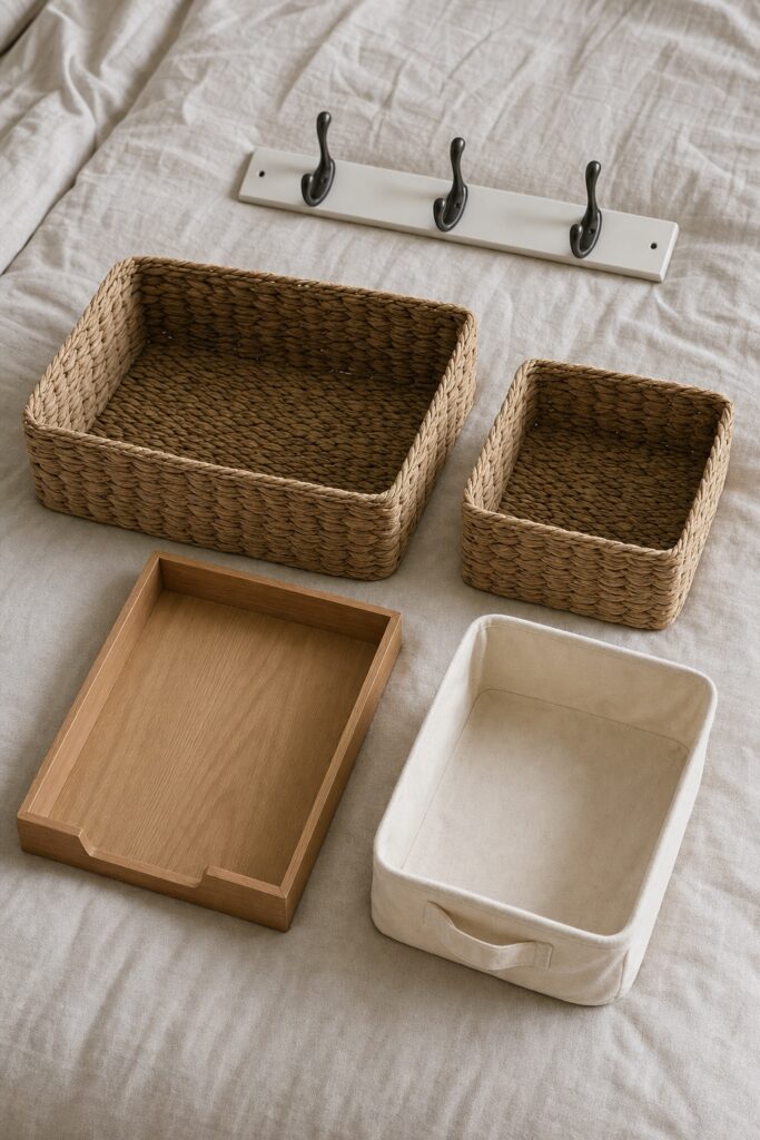 The organizers that survive a semester laid out simply: wall hooks, two open bins, one wood tray and an open basket