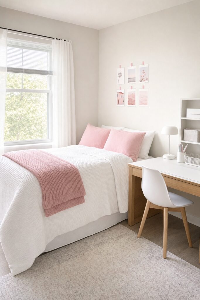 Dorm bed with white waffle bedding, blush accents, a white full-drop duvet hiding the oak frame and a white desk pad over the laminate