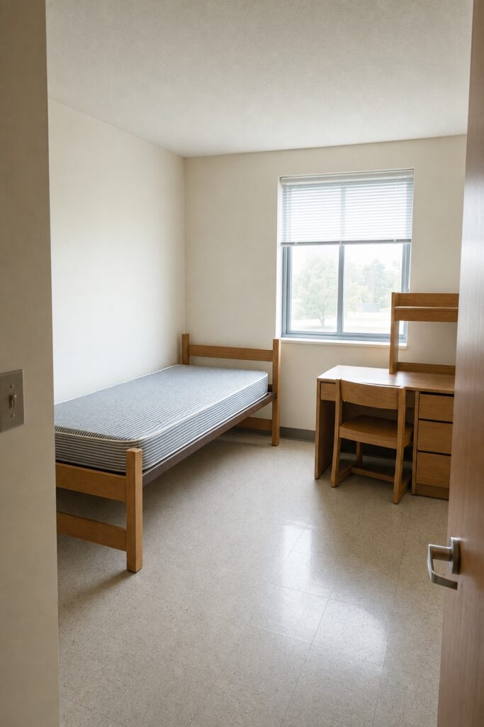 Plain dorm room with standard oak laminate bed frame, bare mattress, matching desk and beige walls before any decorating