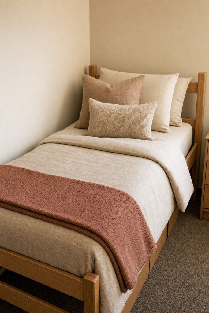 Twin XL dorm bed layered with a base sheet set, textured duvet, one folded throw and four pillows in a warm palette