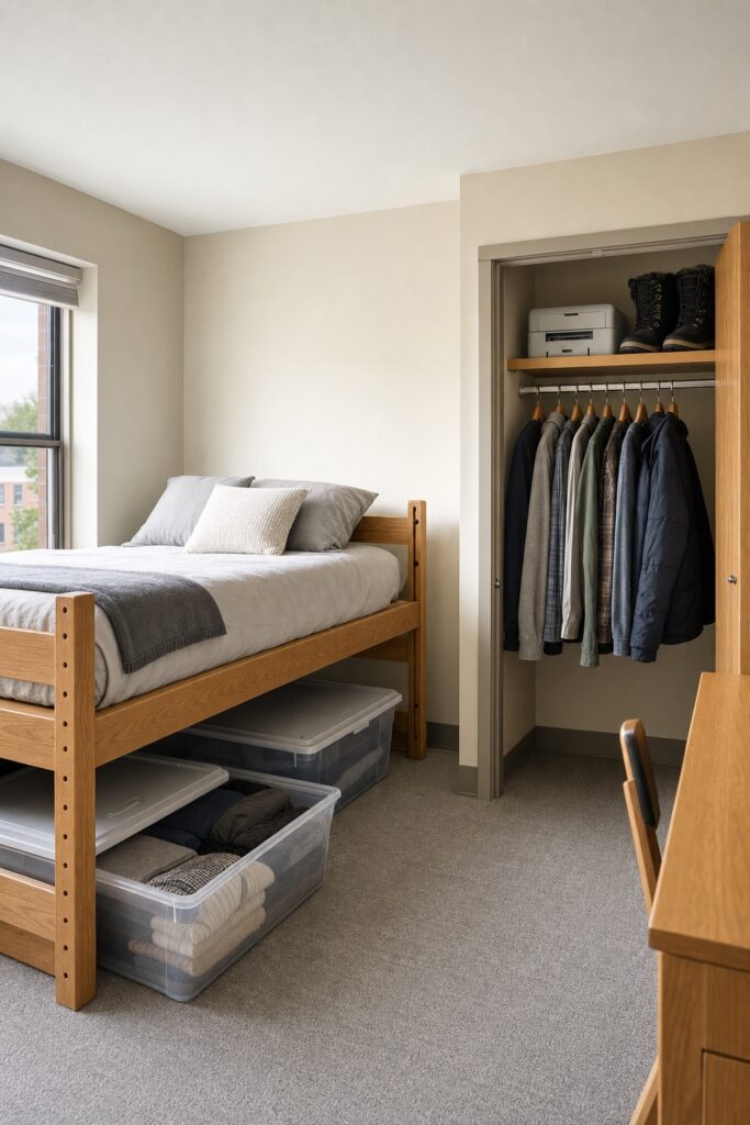 Raised dorm bed with flat lidded storage bins sliding underneath and a closet top shelf holding a printer and boots