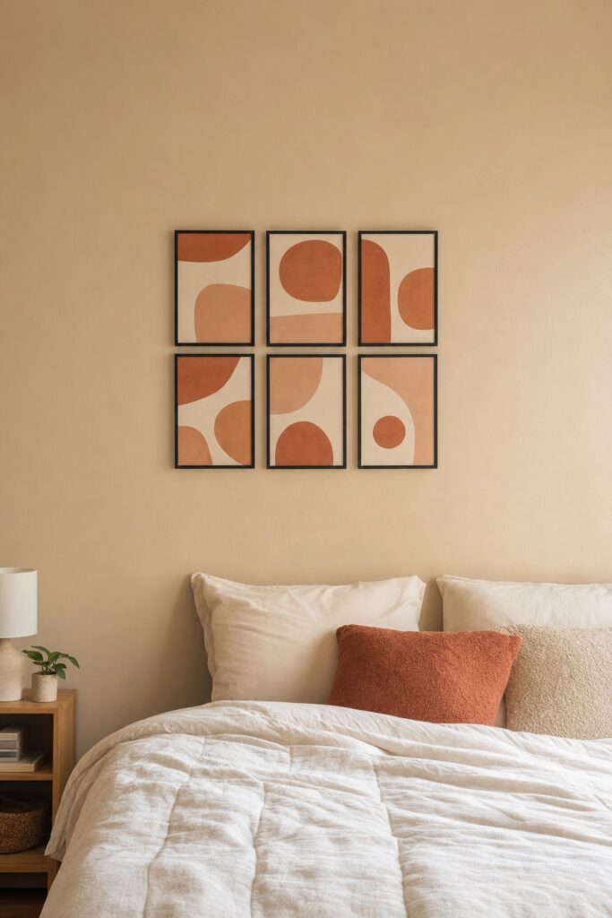 Tight grid of six small framed prints above a dorm bed forming one organized wall statement on an otherwise bare wall