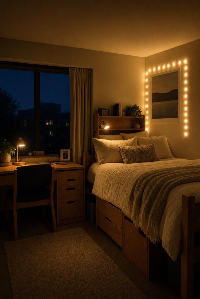 Dorm room at night lit by a warm desk lamp, a clip light on the headboard shelf and warm LED string lights in the wall zone