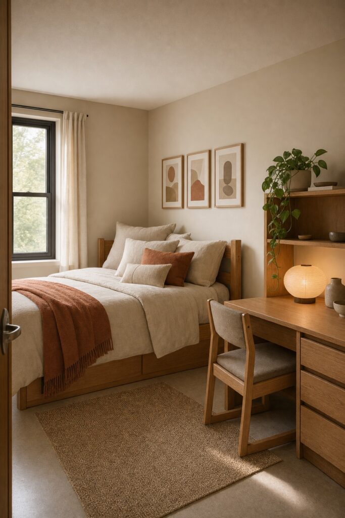 Warm minimal dorm room with oatmeal linen bedding, a rust throw, three neutral prints in wood frames and a clear styled desk