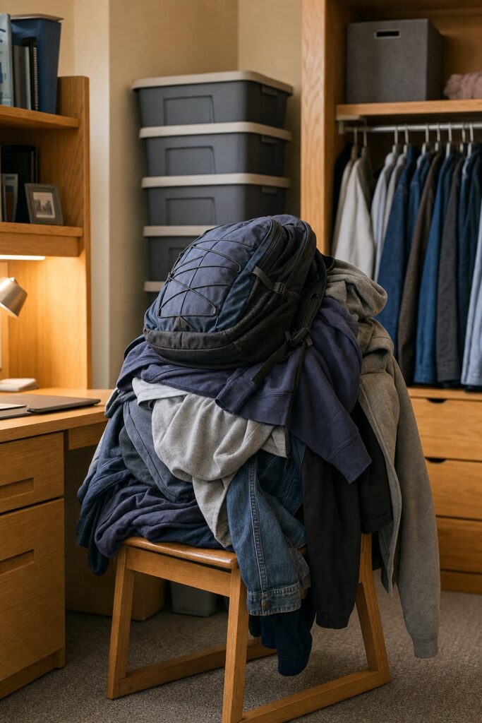 Dorm desk chair buried under a pile of worn clothes and a backpack while neat storage bins sit unused nearby