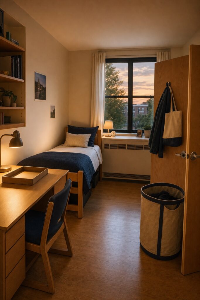 Dorm room mid-reset on a Sunday evening: emptied paper tray, hamper by the door and every surface returning to its clear baseline