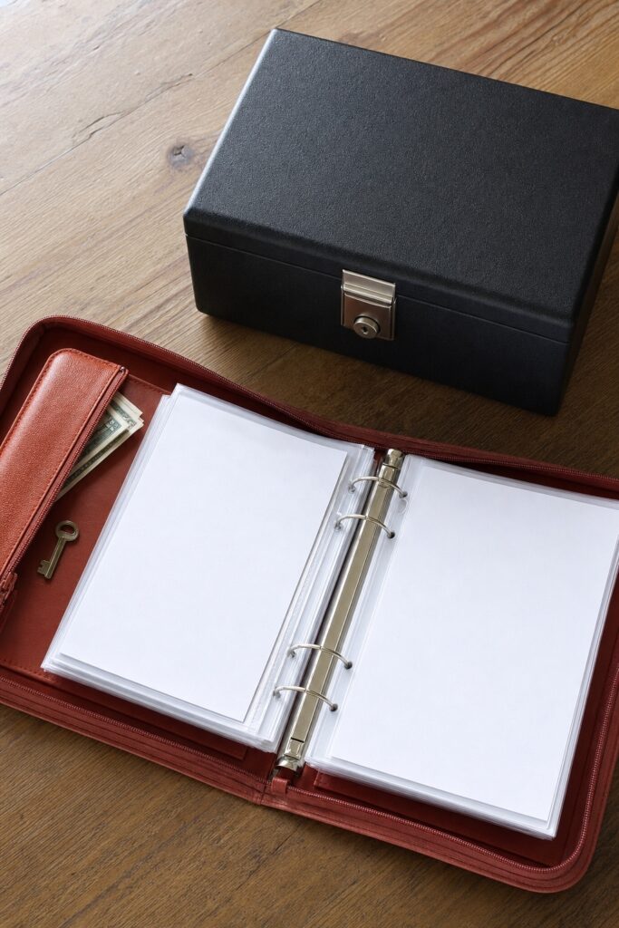 Open emergency binder with blank pages in sheet protectors and a zipper pouch next to a closed fire rated document box