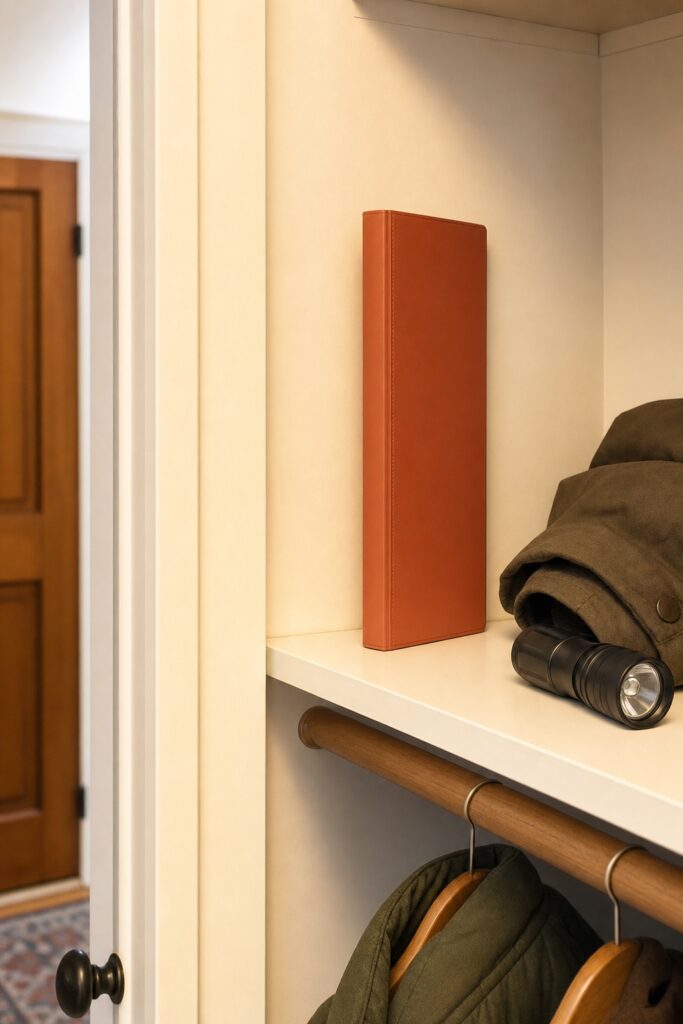 Thin terracotta emergency binder standing in its dedicated spot on a hall closet shelf near the front door