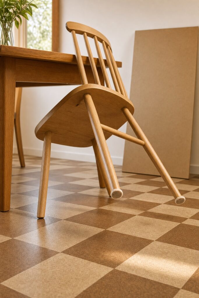 Wooden chair tipped to show felt pads on its feet above a new vinyl tile floor with a hardboard sheet leaning nearby