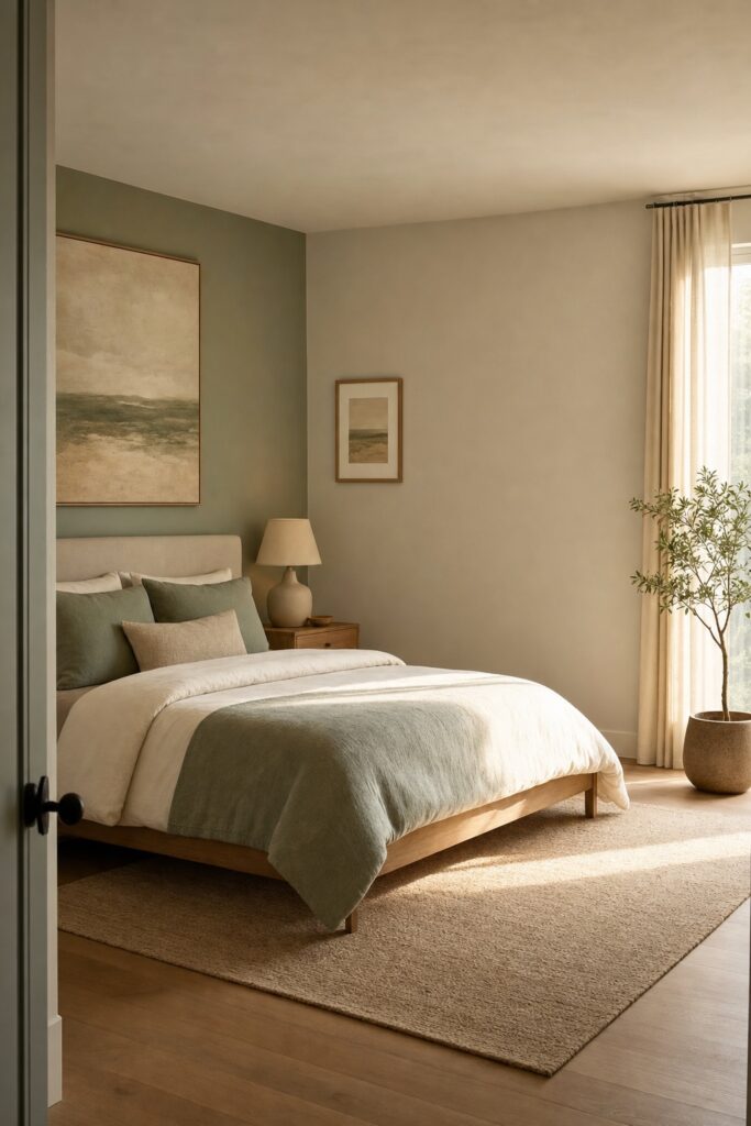 Calm finished bedroom with one statement artwork, quiet supporting walls, and a deliberately empty stretch of wall