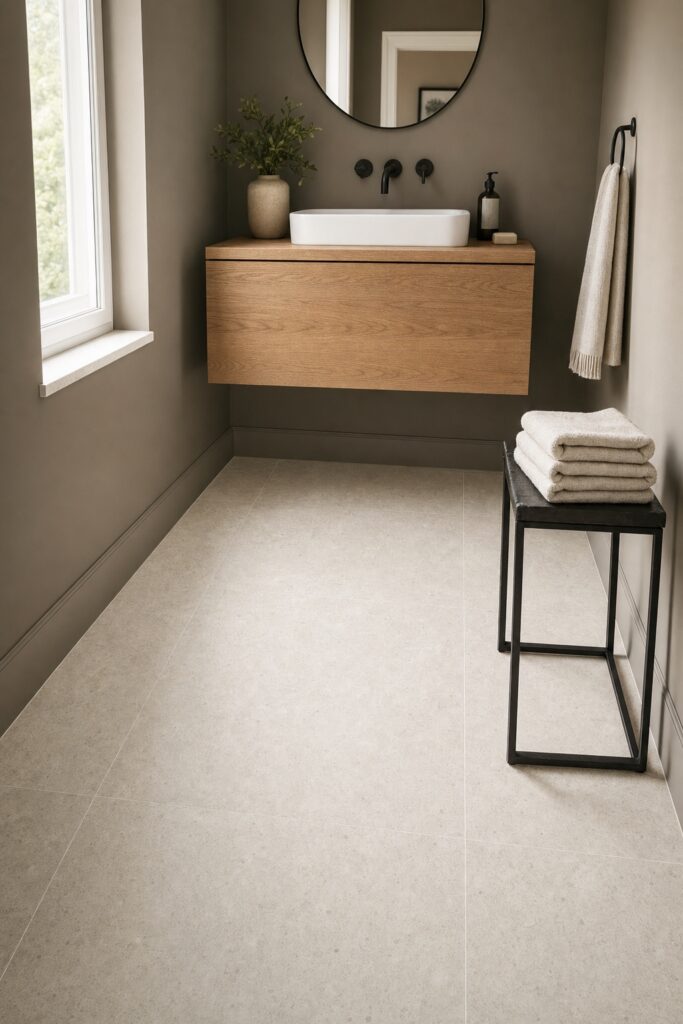 Small bathroom with a floating vanity and open-leg stool leaving the floor edges visible along the walls
