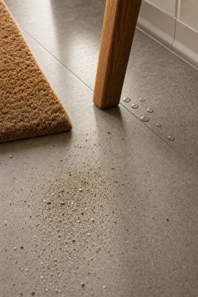 Vinyl tile floor near a doorway showing tracked sand by the mat, a chair leg resting on the tile, and water drops near the wall edge