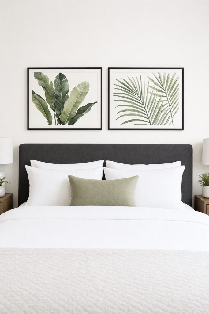 Two matched landscape framed prints hung level side by side above a bed with a small gap between them