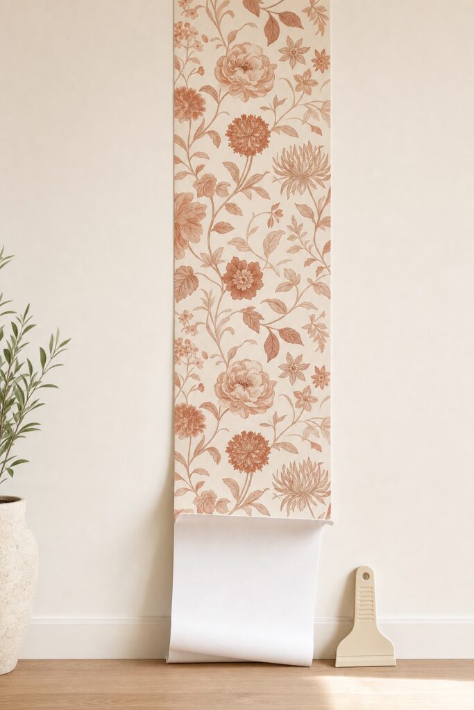 Peel and stick wallpaper strip half applied at the top of a wall with backing paper folded down and a smoothing tool resting below