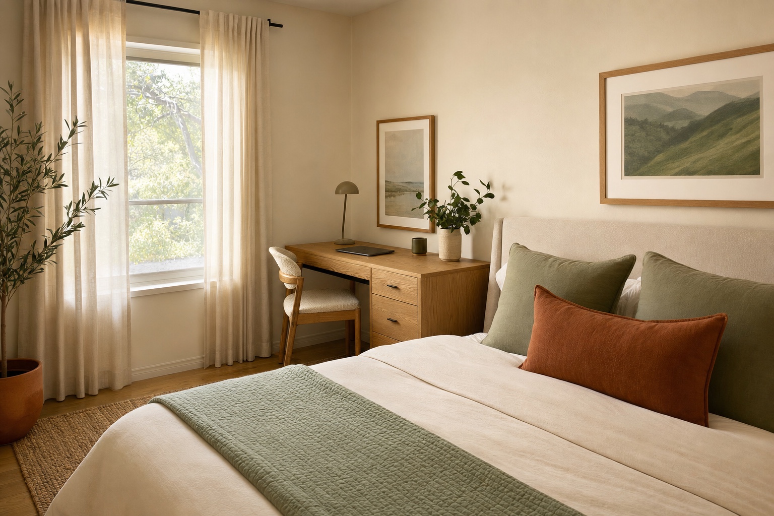 Small bedroom with a made bed in the foreground and a neat compact desk tucked beside the headboard wall