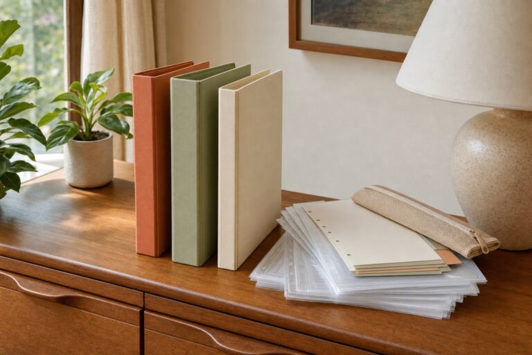 Three thin home organization binders in terracotta, sage, and cream standing on a shelf with sheet protectors and tabs nearby