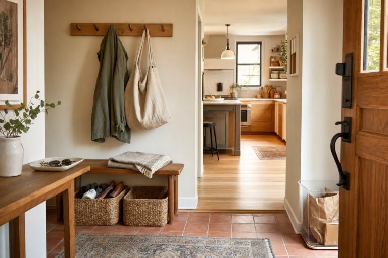 Tidy home entry with hooks in use, an open bin, and a small tray showing simple one-motion organization systems