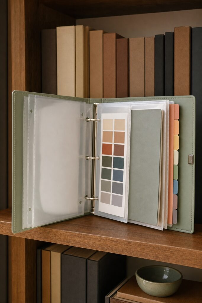 Sage house manual binder open showing blank tab dividers, a paint chip card in a sheet protector, and empty protectors at the front