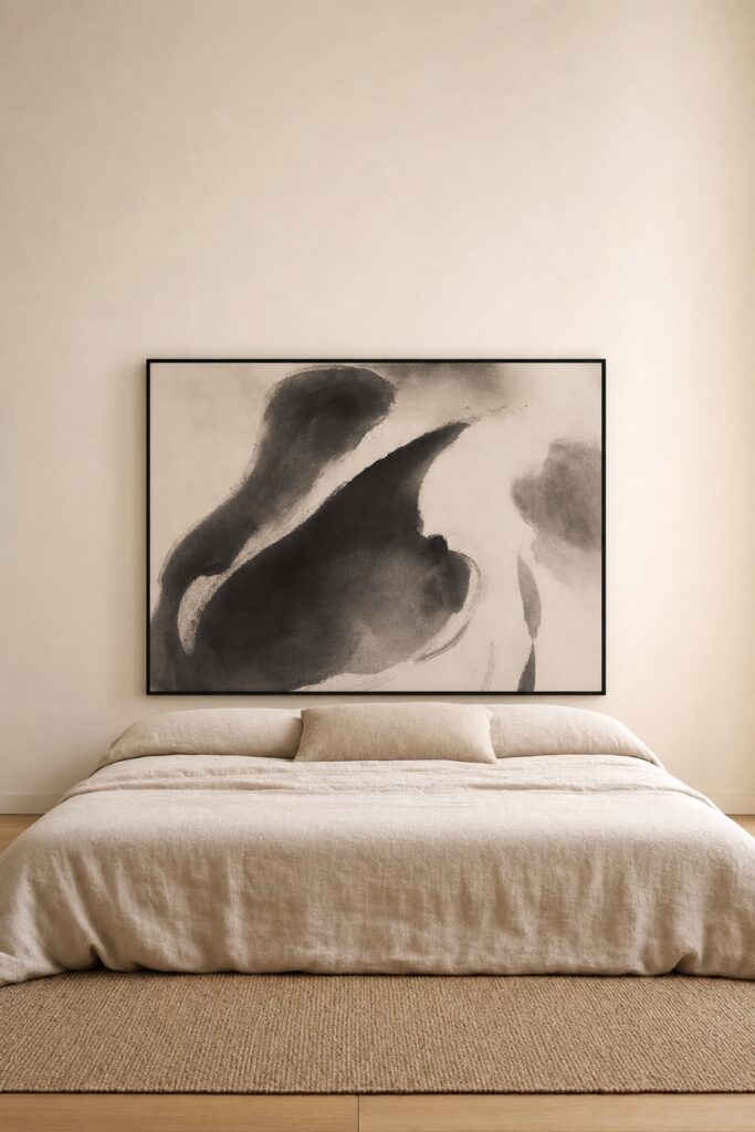 Single framed abstract ink artwork hung low above a headboard-less bed so the frame and bed read as one group