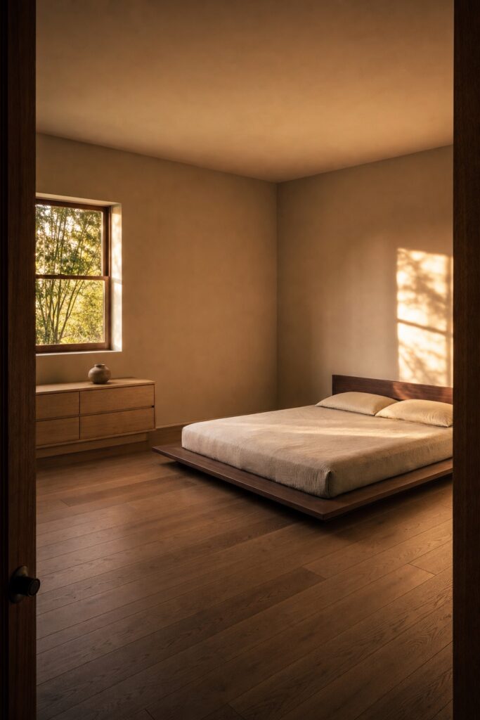 Finished japandi bedroom with mixed wood tones, one low bed, one dresser and bare walls, nothing extra in the room
