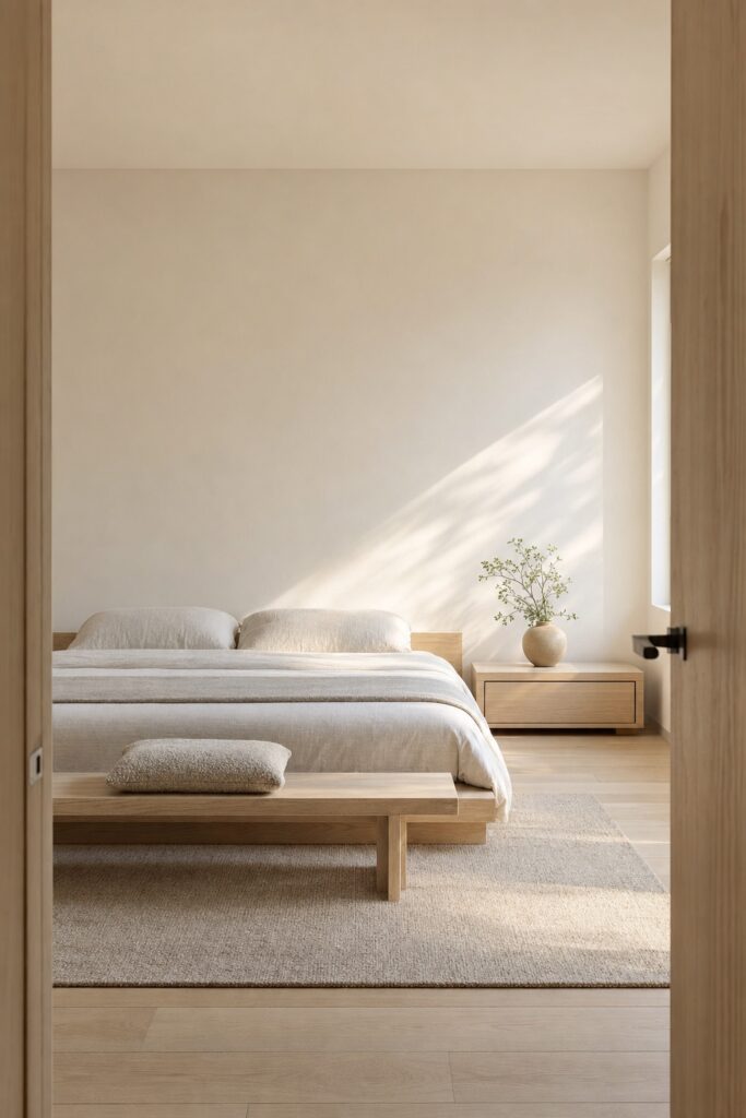 View from a bedroom doorway of a japandi room where every piece of furniture sits low against empty white walls