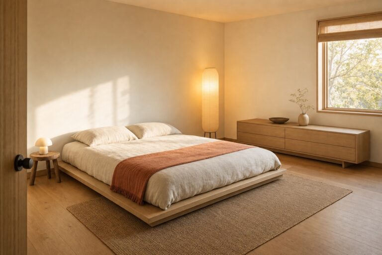 Japandi bedroom with a low platform bed, linen bedding, a low wood nightstand and one tall paper floor lamp
