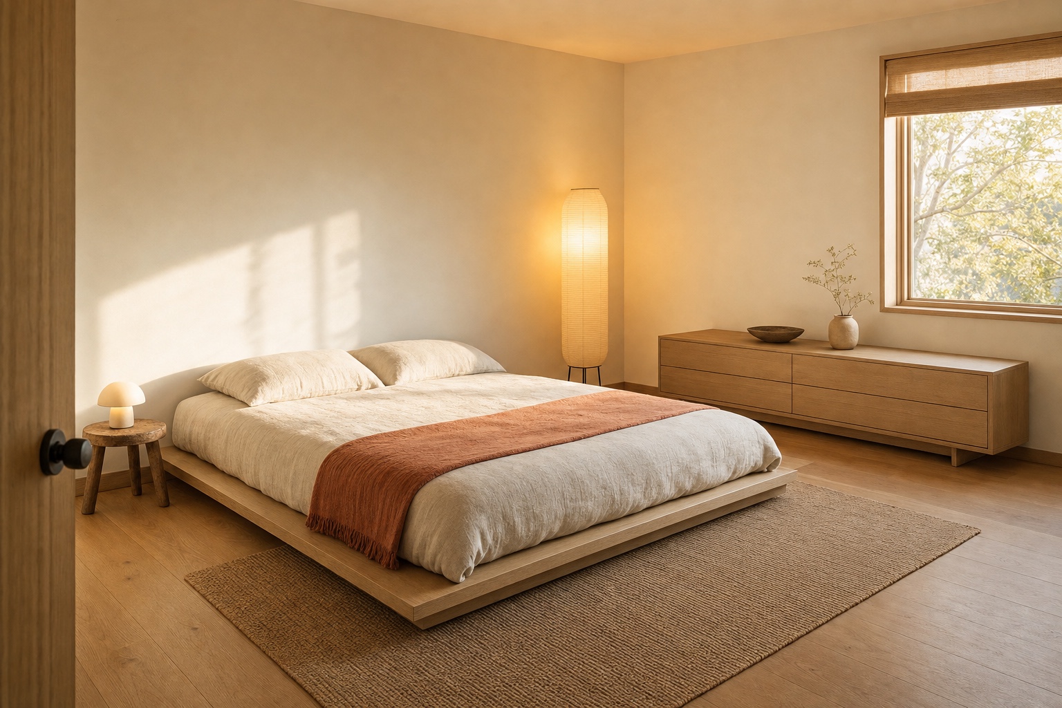 Japandi bedroom with a low platform bed, linen bedding, a low wood nightstand and one tall paper floor lamp