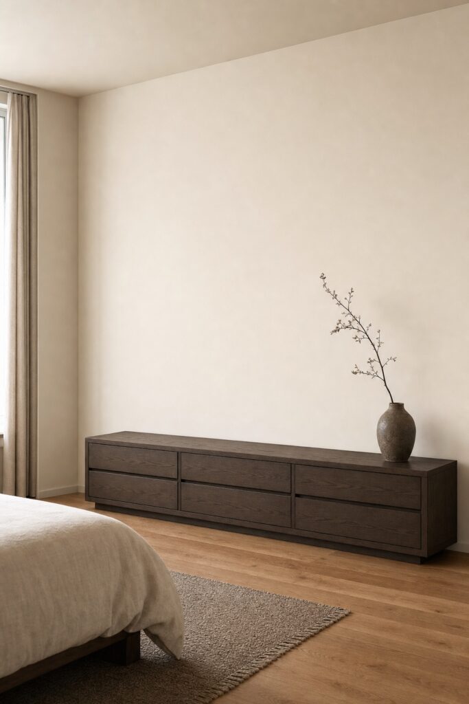 Long low smoked-oak dresser in a japandi bedroom with a wide stretch of bare cream wall above it