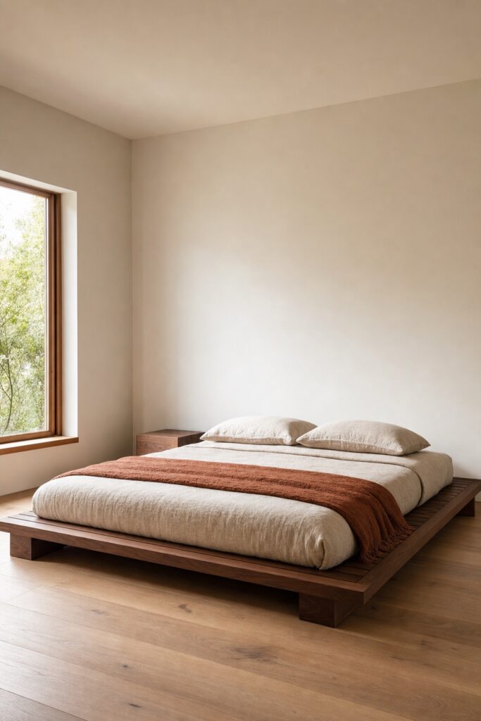 Low walnut platform bed with the mattress top near knee height and a wide stretch of empty wall above it