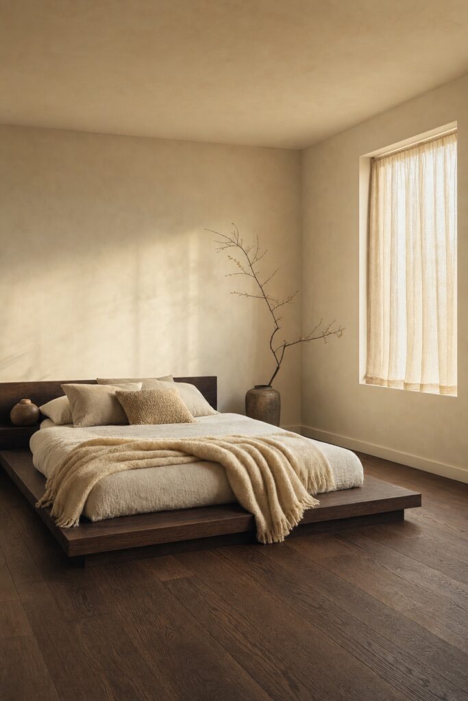 Japandi bedroom balancing spare low Japanese forms with a thick wool throw and warm Scandinavian textiles