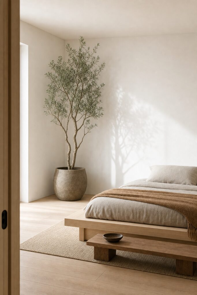 One tall sculptural olive tree in the corner of a japandi bedroom where every other piece sits below waist height