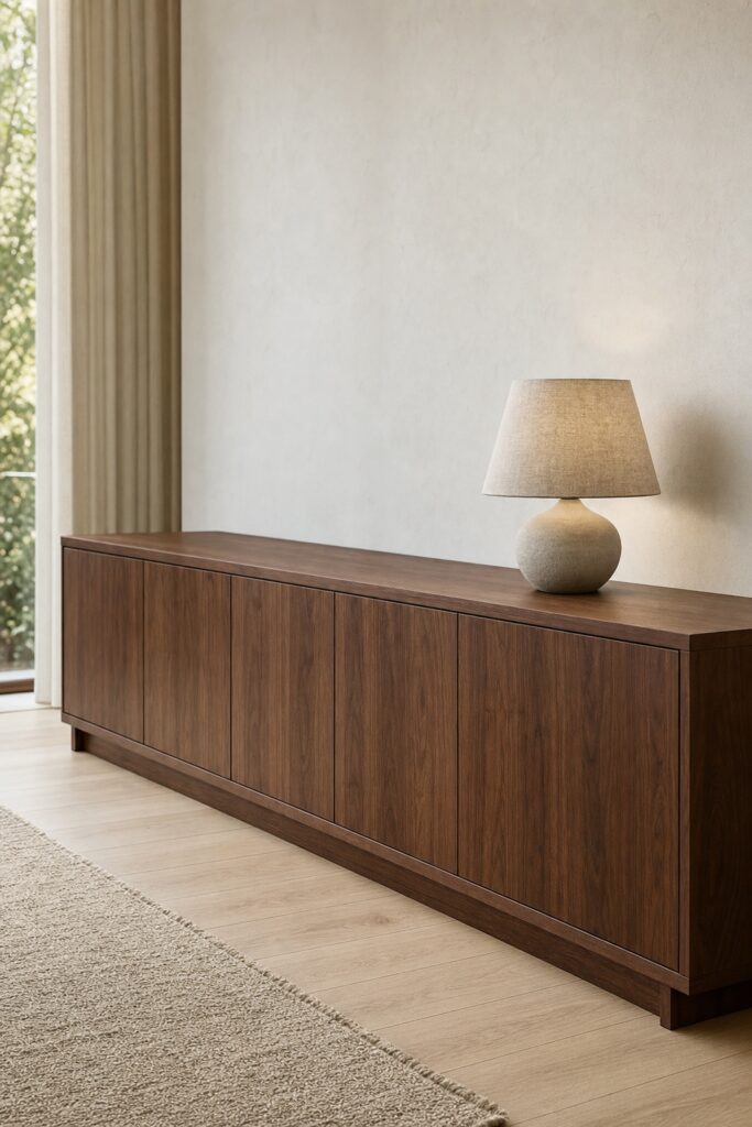 Long low walnut sideboard with closed doors and a single linen shaded lamp on top against a quiet japandi wall