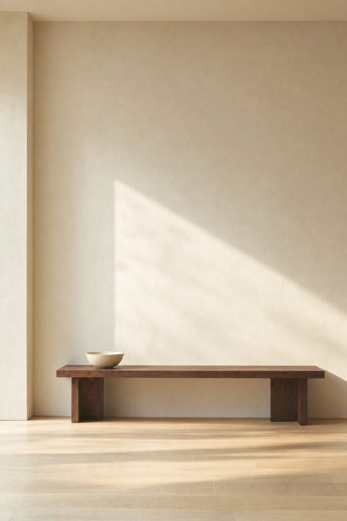 Long bare warm white wall in a japandi living room with raking daylight and a low walnut bench holding a single ceramic bowl