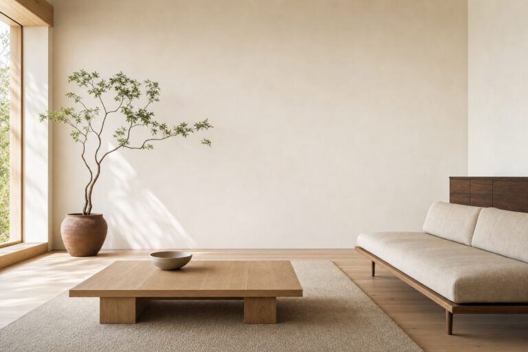 Japandi living room with a low oatmeal linen sofa, bare oak coffee table, one sculptural plant and a deliberately empty warm white wall