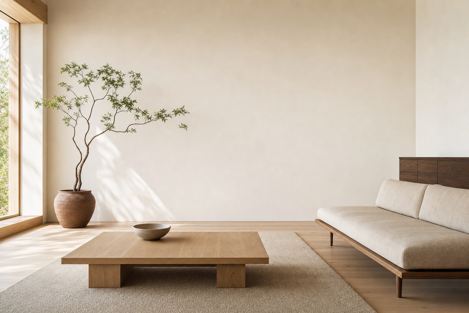 Japandi living room with a low oatmeal linen sofa, bare oak coffee table, one sculptural plant and a deliberately empty warm white wall
