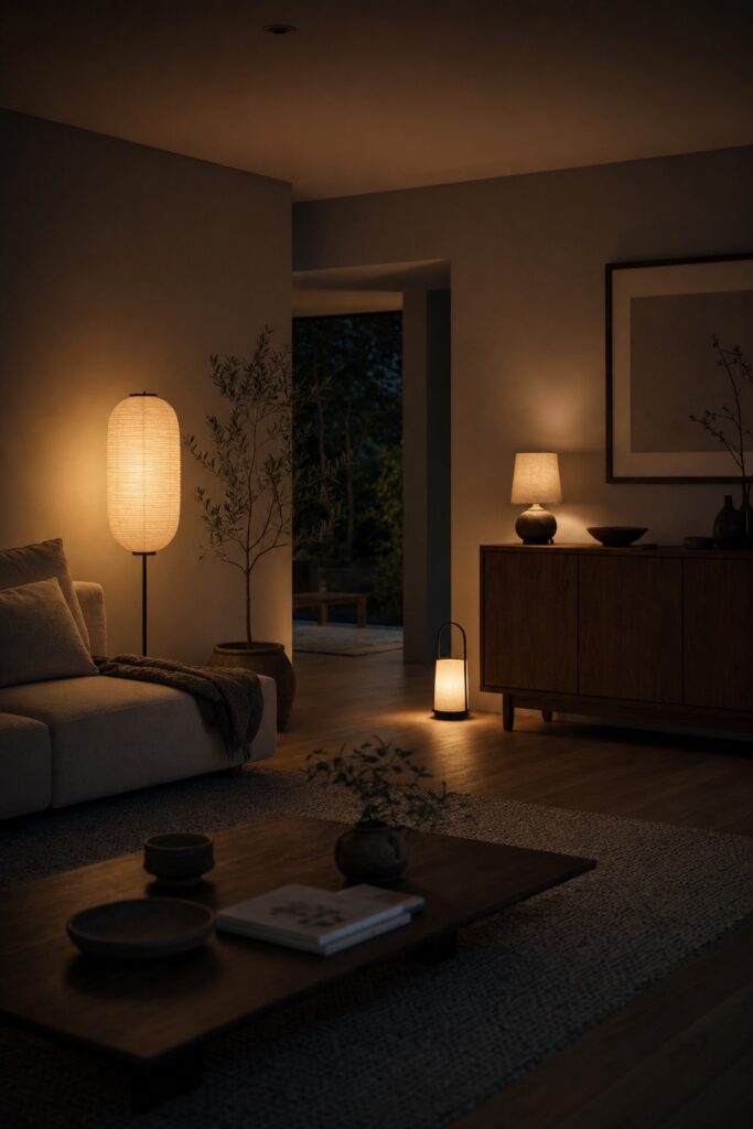 Japandi living room at evening lit by three warm pools of light from a paper floor lamp and small table lamp while the ceiling stays dark