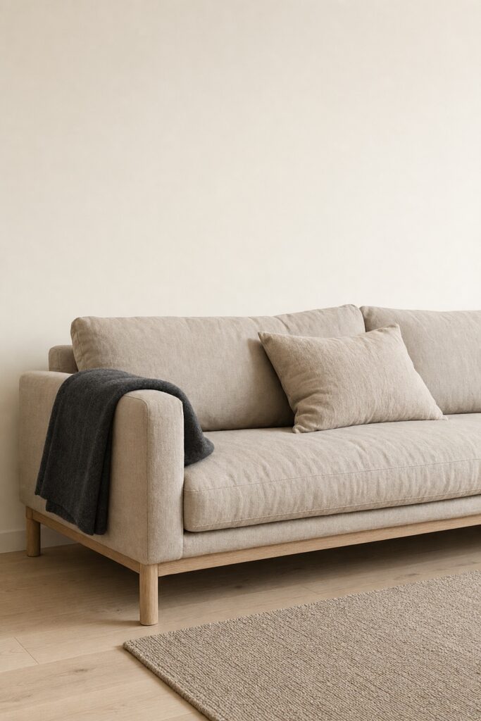 Low japandi sofa in oatmeal linen on visible wood legs with open wall space above and daylight passing underneath