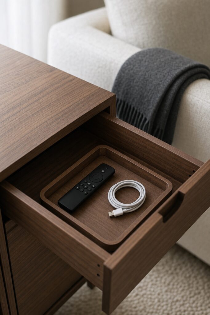 Open sideboard drawer holding a tidy tray with a remote control and charging cable while a folded throw rests on the sofa arm behind