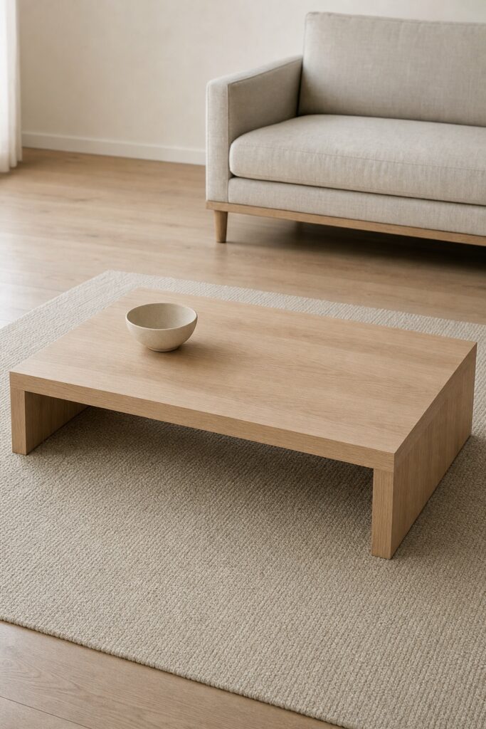 Single low pale oak coffee table holding one ceramic bowl with open floor space around it in a japandi living room