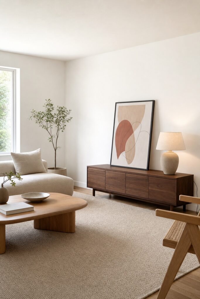 Rental japandi living room with a large oatmeal rug, artwork leaned on the sideboard instead of hung and plug-in lamps against untouched white walls