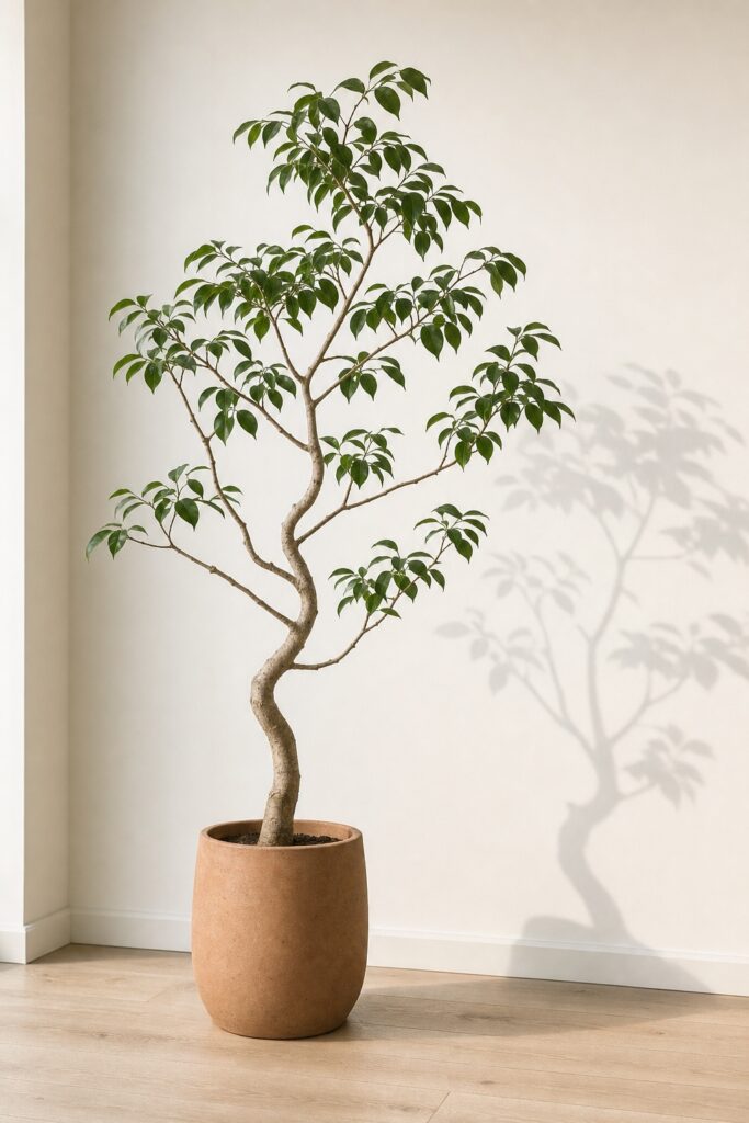 Single branching ficus in a simple clay pot casting a sculptural silhouette against a plain warm white japandi wall