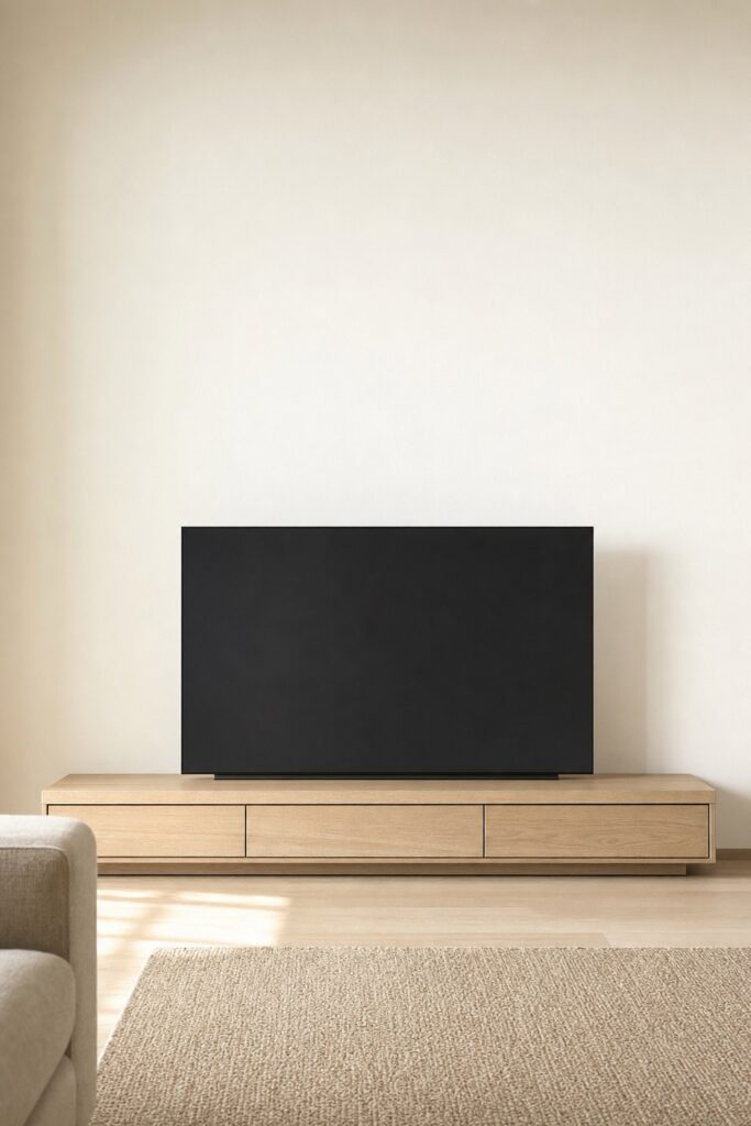 Television switched off on a long low oak media bench in a japandi living room with a bare wall above and no visible cords